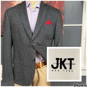 JKT New York Soft Tweed Blazer Mens 44R Classic Fit Wool Blend Herringbone Gray